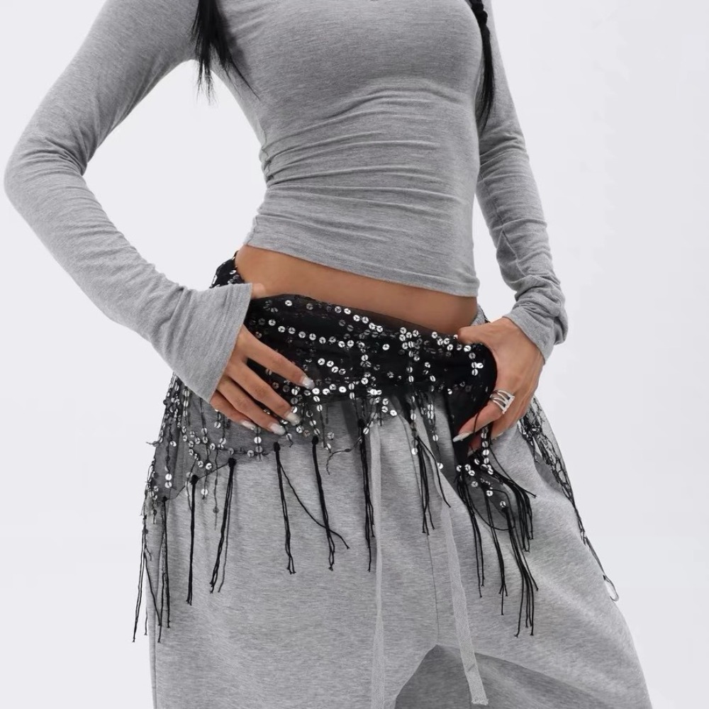 Street Fashion India - เข็มขัดเต้นรำประดับเลื่อมแฟชั่น สำหรับเต้นระบำหน้าท้อง เต้นแจ๊ส เต้นสตรีทแดนซ์ กระโปรงนักเต้น พร้อมพู่ห้อย