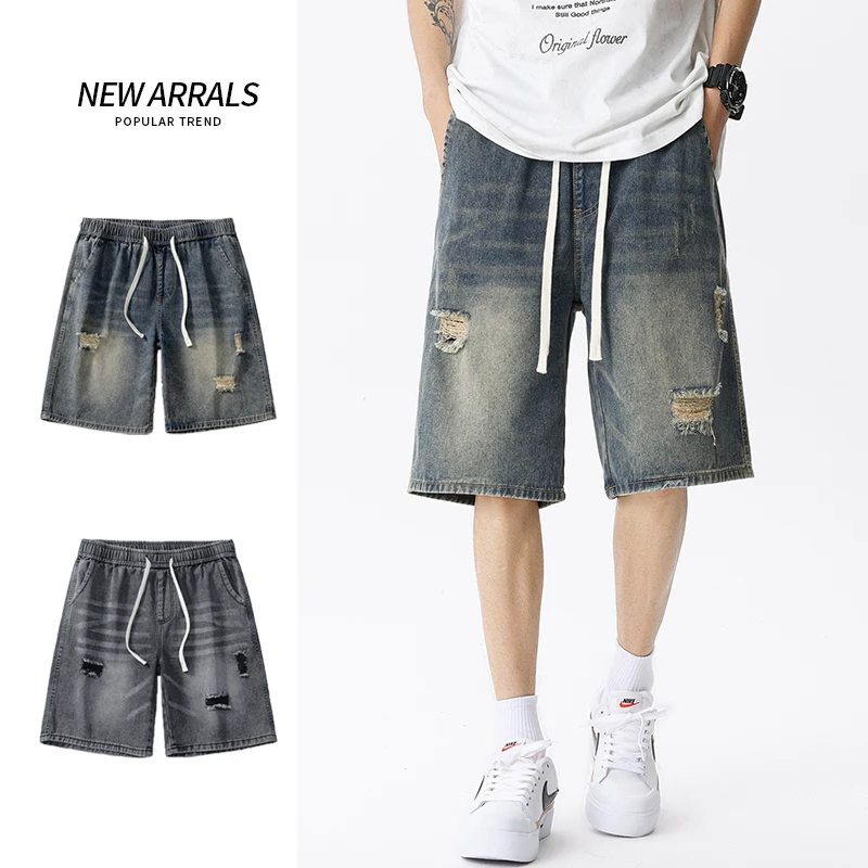 Street Fashion Jeans - เสื้อผ้าแนวสตรีทเรโทรของผู้ชาย celana pendek DENIM บางฤดูร้อนกางเกงยีนส์ชายขาสั้นยืดตรงหลวมสีฟ้าสีเทา