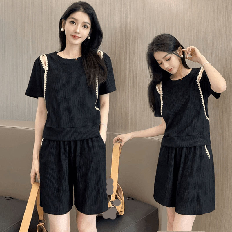 Street Fashion Mood - เกาหลีแฟชั่นปิดไหล่เสื้อยืด 2 ชิ้นชุดผู้หญิงAll-Matchหลวมสบายๆกางเกงขาสั้นชุดStreetwear Contrast Patchworkชุด