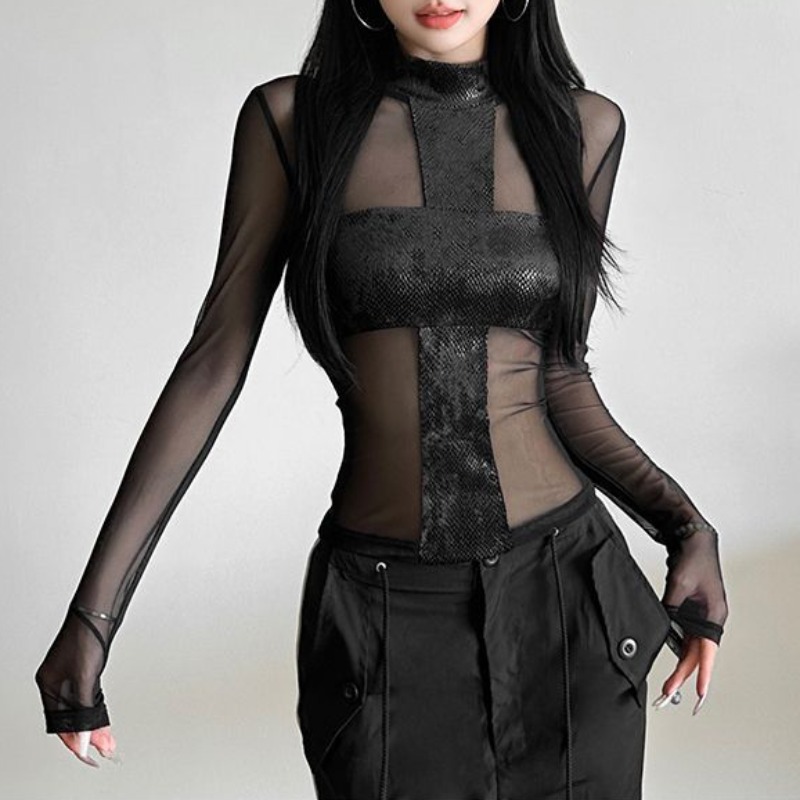 Street Fashion Mood - สไตล์อเมริกันตาข่ายแขนยาวเสื้อยืดหญิงปิดไหล่เซ็กซี่ต่ําตัด One Piece Tops Serpentine Cross