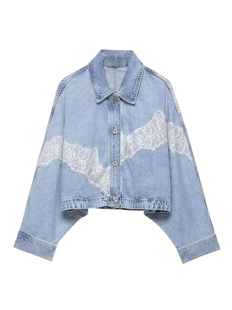 Street Fashion Vintage - HH เสื้อแจ็คเก็ตยีนส์สีน้ำเงินสำหรับผู้หญิง ดีไซน์หรูหรา แขนทรงปีกค้างคาว ติดกระดุม สไตล์ลำลอง