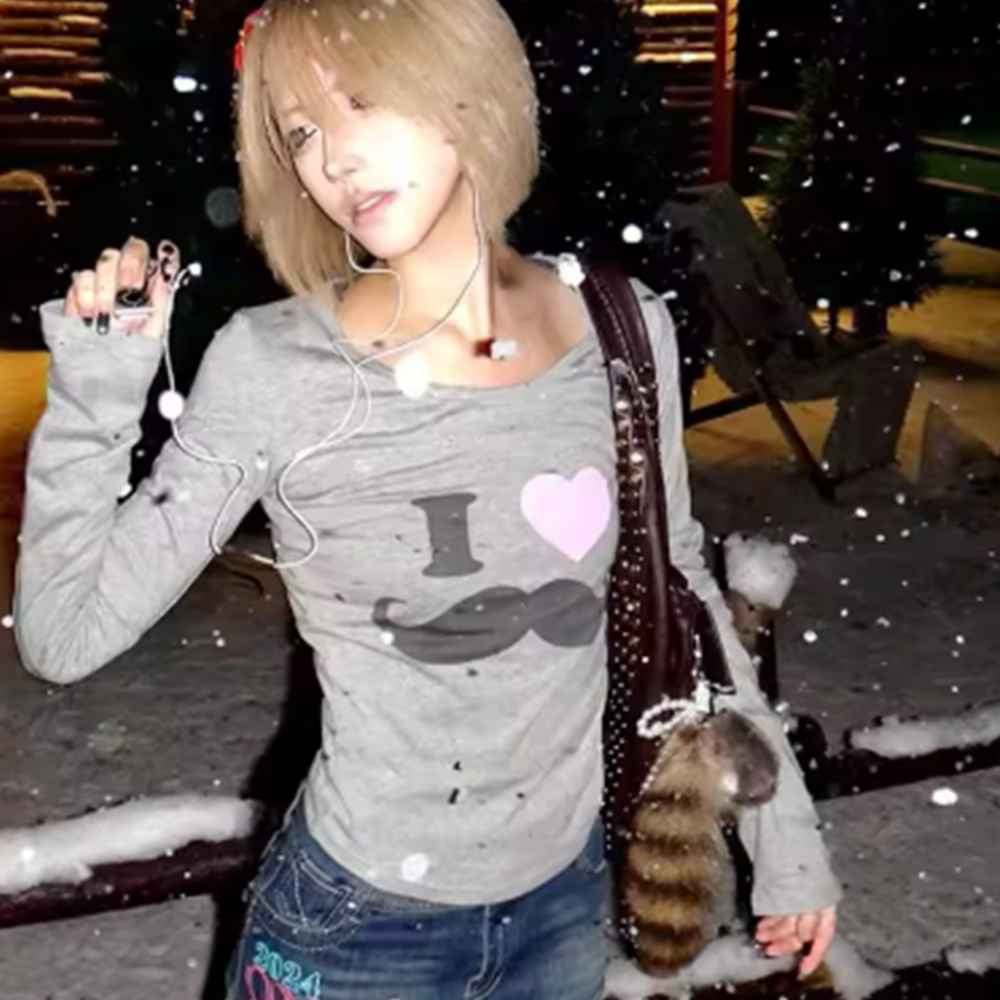Street Fashion Vintage - เสื้อยืดพิมพ์ลายเคราสไตล์ Y2K ญี่ปุ่น วินเทจ ฮาราจูกุ แขนยาว
