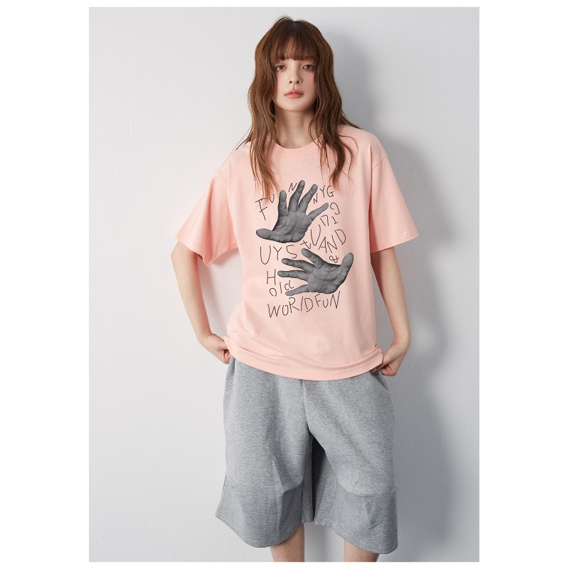 Street Fashion For Short Guys - FUNNY GUY เสื้อยืดสไตล์อเมริกันเรโทร แขนสั้นสำหรับผู้หญิง ลายตัวอักษรปาล์ม ผ้าฝ้าย