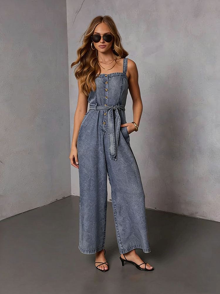 Street Fashion Jeans - จั๊มสูทเดนิมวินเทจสำหรับผู้หญิง ฤดูร้อน 2026 ใหม่ สไตล์ลำลอง แต่งเชือกผูก