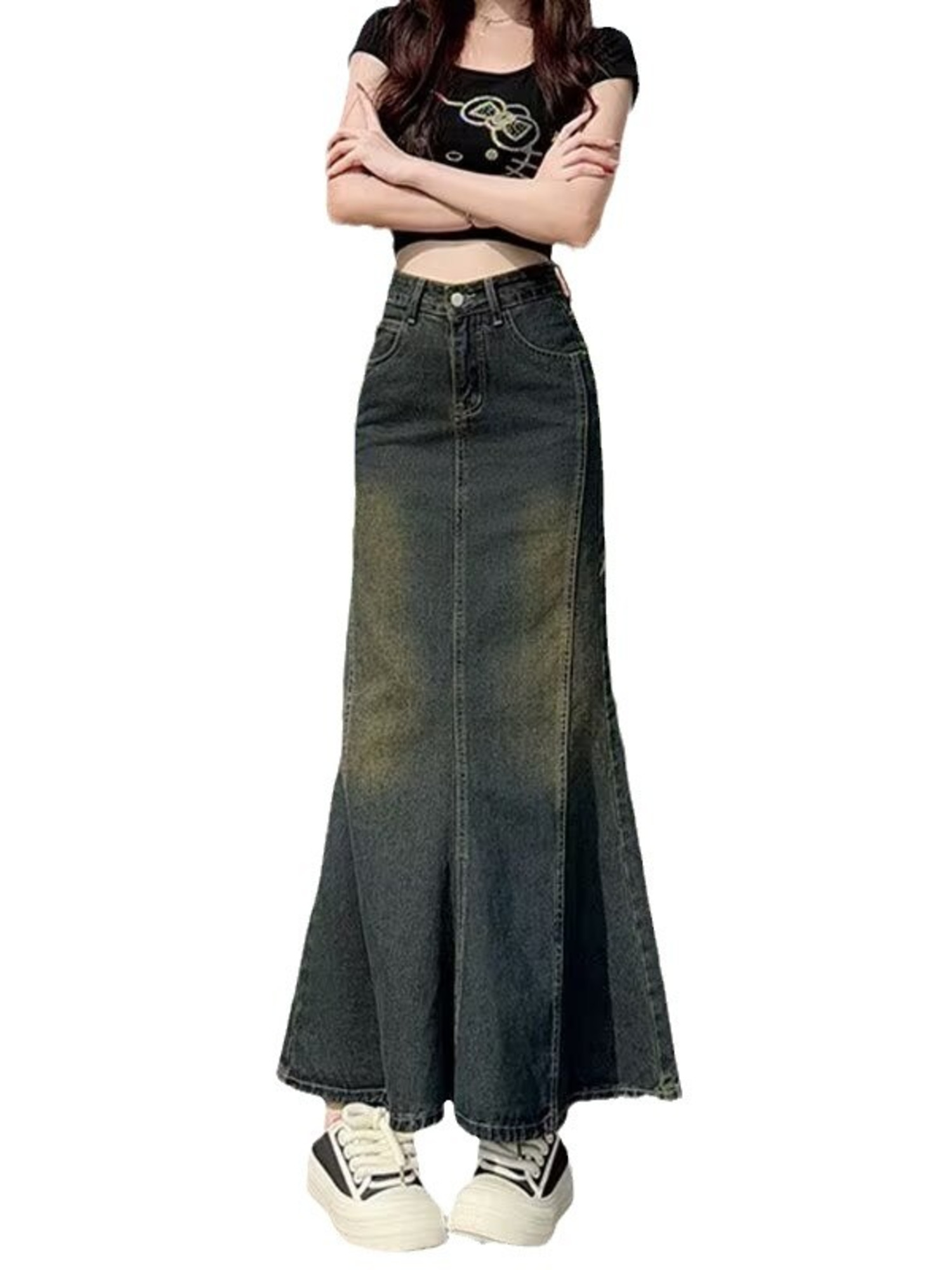 Street Fashion Vintage - กระโปรงยีนส์ทรงเมอร์เมดวินเทจสำหรับผู้หญิง เอวสูง ไล่เฉดสี ปลายกระโปรงทรงหางปลา สีดำเทา