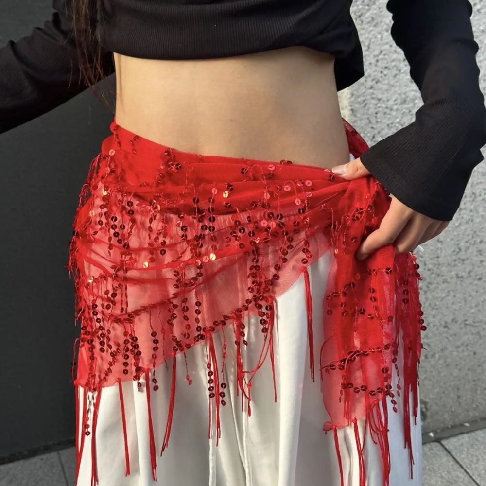 Street Fashion India - เข็มขัดเต้นระบำหน้าท้องประดับเลื่อมแฟชั่น พร้อมพู่ห้อย กระโปรงเต้นแจ๊ส ชุดแสดง ผ้าพันเอวเต้นสตรีทแดนซ์ สำหรับประเทศไทย/อินเดีย/อาหรับ