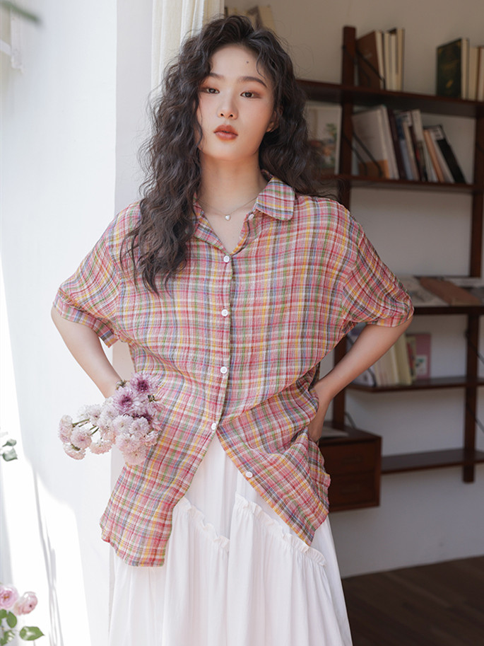 Street Fashion Vintage - เสื้อเชิ้ตผ้าฝ้ายคอปกพับได้สำหรับผู้หญิง รุ่นใหม่ประจำฤดูร้อน แขนครึ่งตัว สไตล์วินเทจ แฟชั่นแนวสตรีท ระบายอากาศได้ดี