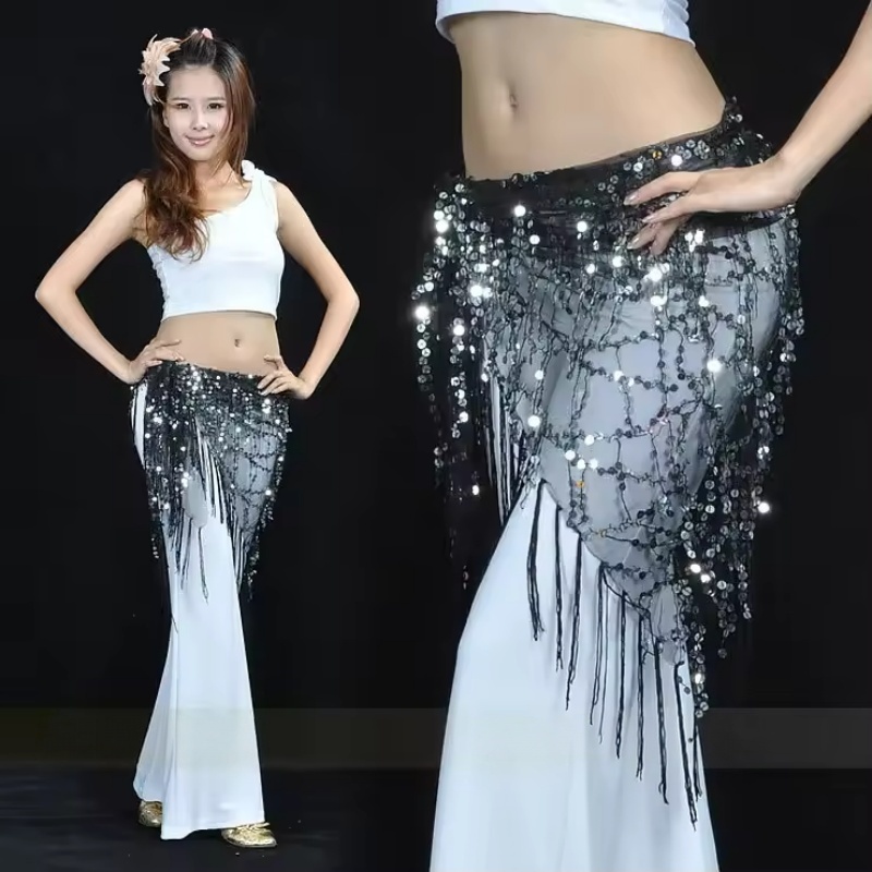 Street Fashion India - เข็มขัดเต้นระบำหน้าท้องประดับเลื่อมแฟชั่น ผ้าพันสะโพกพู่ห้อยสำหรับเต้นแจ๊ส ชุดแสดงเต้นสตรีทแดนซ์ สายคาดเอวสำหรับประเทศไทย/อินเดีย/อาหรับ