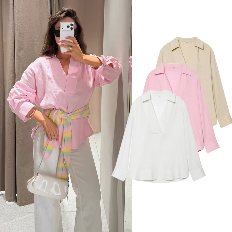 Street Fashion Youth - เสื้อเชิ้ตผู้หญิงคอลเลคชั่นฤดูใบไม้ร่วง 2026 แฟชั่นทรงหลวม คอวี เสื้อพูลโอเวอร์ สไตล์เก๋ไก๋