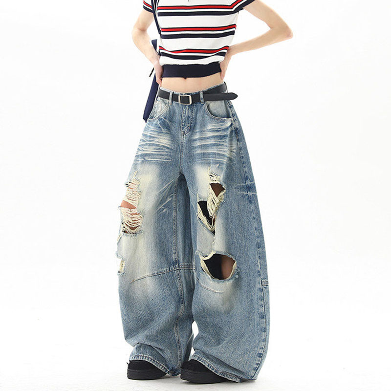 Street Fashion Jeans - กางเกงยีนส์ขาดสไตล์อเมริกันสำหรับฤดูร้อน แฟชั่นลำลองแบบเรโทร ตัดต่อผ้าแบบวินเทจ ล้างสี แต่งดีเทลแบบโปร่ง กางเกงเดนิมโอเวอร์ไซส์สำหรับผู้หญิง