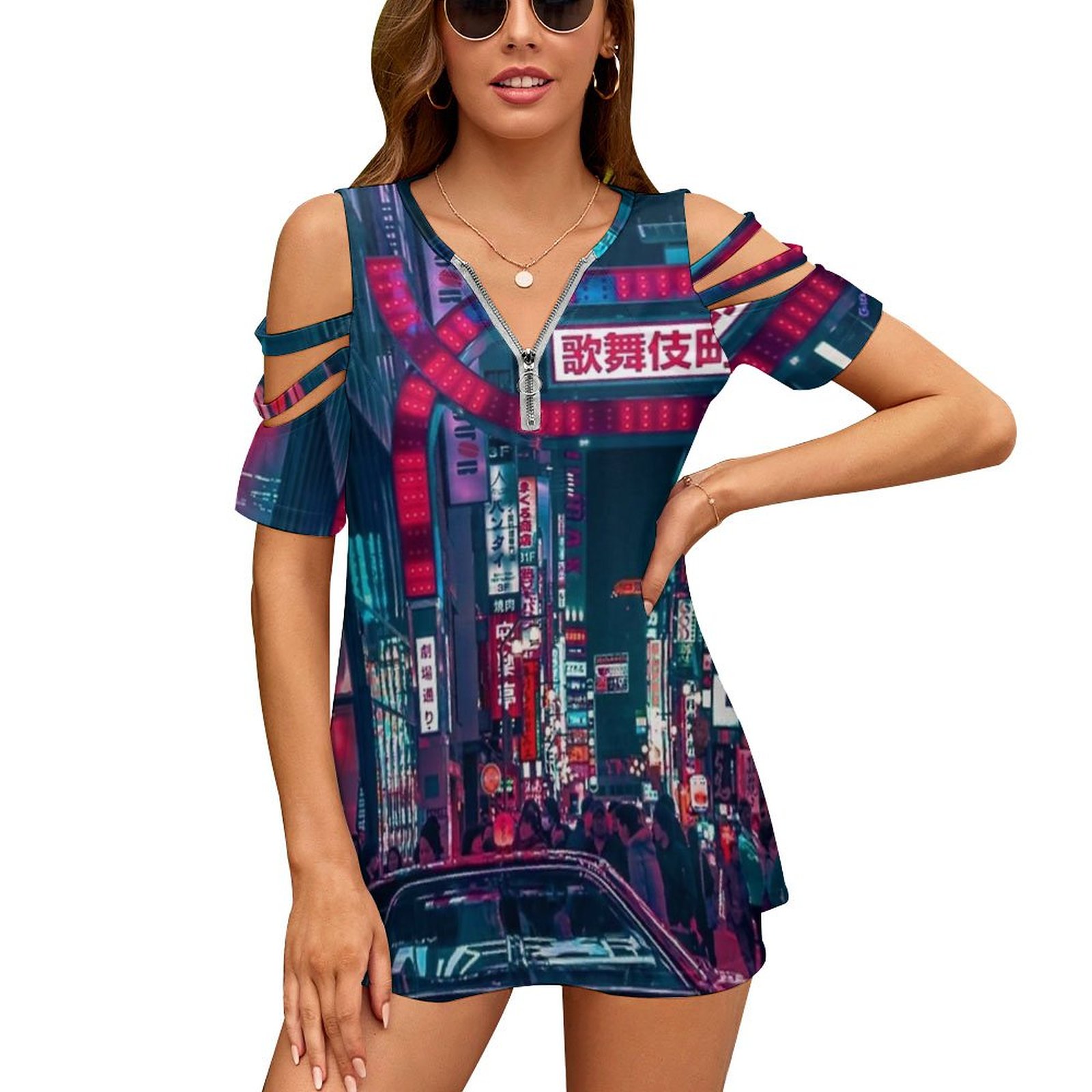 Street Fashion In Tokyo - Tokyo Street เสื้อยืดผู้หญิงใหม่แฟชั่นพิมพ์ซิป V คอสั้นแขนเสื้อ T