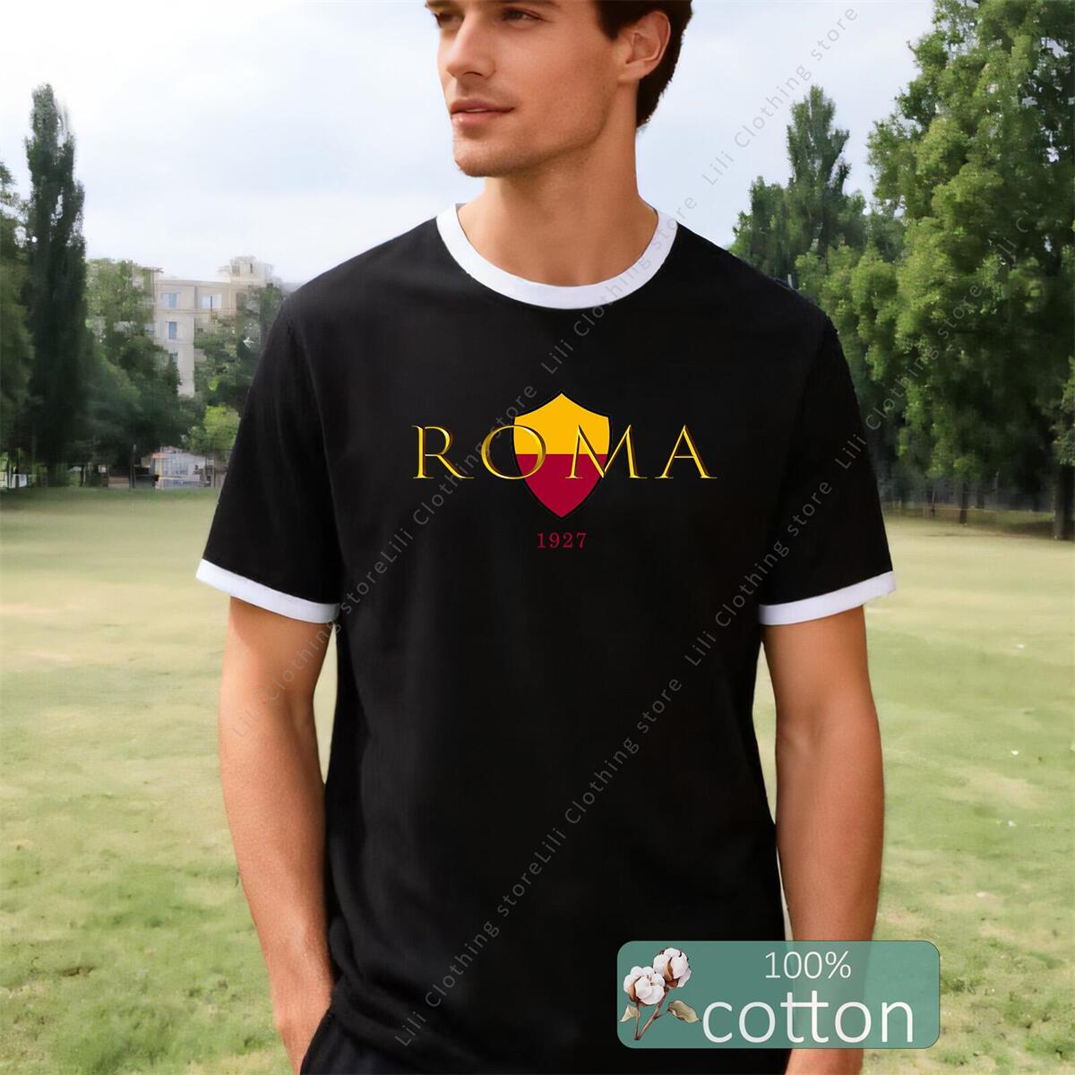 Street Fashion Roma - ROMA Letter Graphic Print เสื้อยืดผู้ชายผ้าฝ้ายฤดูร้อน Y2K