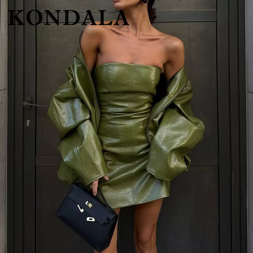 Fashion Street Night - ชุดสตรีทแวร์สีเขียว KONDALA รุ่น Chic ทำจากหนัง PU
