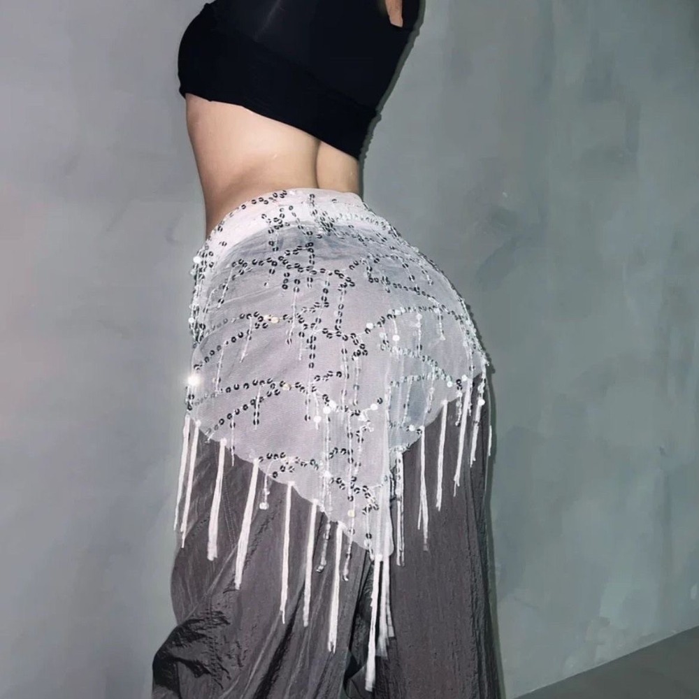 Street Fashion India - เข็มขัดเต้นรำประดับเลื่อมแฟชั่น สำหรับเต้นระบำหน้าท้อง เต้นแจ๊ส เต้นสตรีทแดนซ์ กระโปรงนักเต้น พร้อมพู่ห้อย