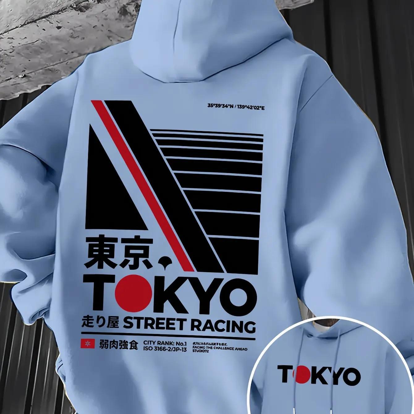 Street Fashion In Tokyo - เสื้อฮู้ดดี้ผู้ชายลายพิมพ์สองด้านสไตล์เรโทร JDM โตเกียวเรซซิ่ง ลายตัวอักษรคันจิ ลายเส้นเรขาคณิต แฟชั่นสตรีท