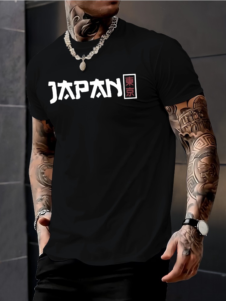 Street Fashion For Short Guys - เสื้อยืดคอกลมแขนสั้นชาย พิมพ์ลายญี่ปุ่น โตเกียว คันจิ ผ้าฝ้ายบาง สไตล์สตรีท