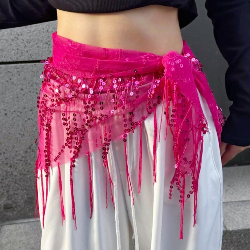 Street Fashion India - เข็มขัดเต้นรำหน้าท้องประดับเลื่อมแฟชั่น ผ้าพันคอฮิปสำหรับเต้นแจ๊ส เต้นสตรีทแดนซ์ พู่ห้อยสำหรับการแสดง ชุดนักเต้น กระโปรงสำหรับประเทศไทย/อินเดีย/อาหรับ