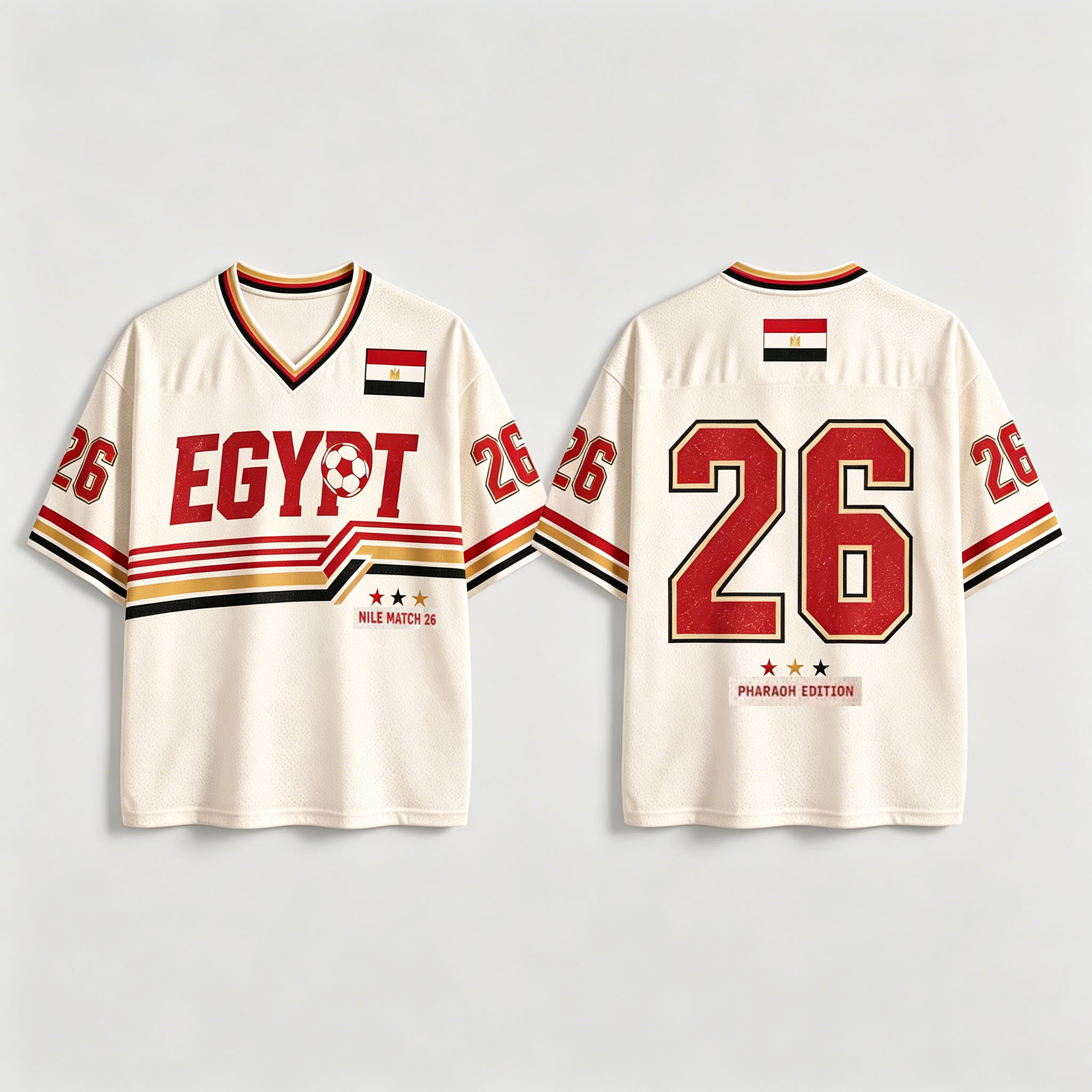 Street Fashion Egypt - เสื้อยืดฟุตบอลคอวีสไตล์เรโทรทีมชาติอียิปต์ปี 2026 แฟชั่นสตรีทสไตล์แบบเรโทร ระบายอากาศได้ดี แห้งเร็ว