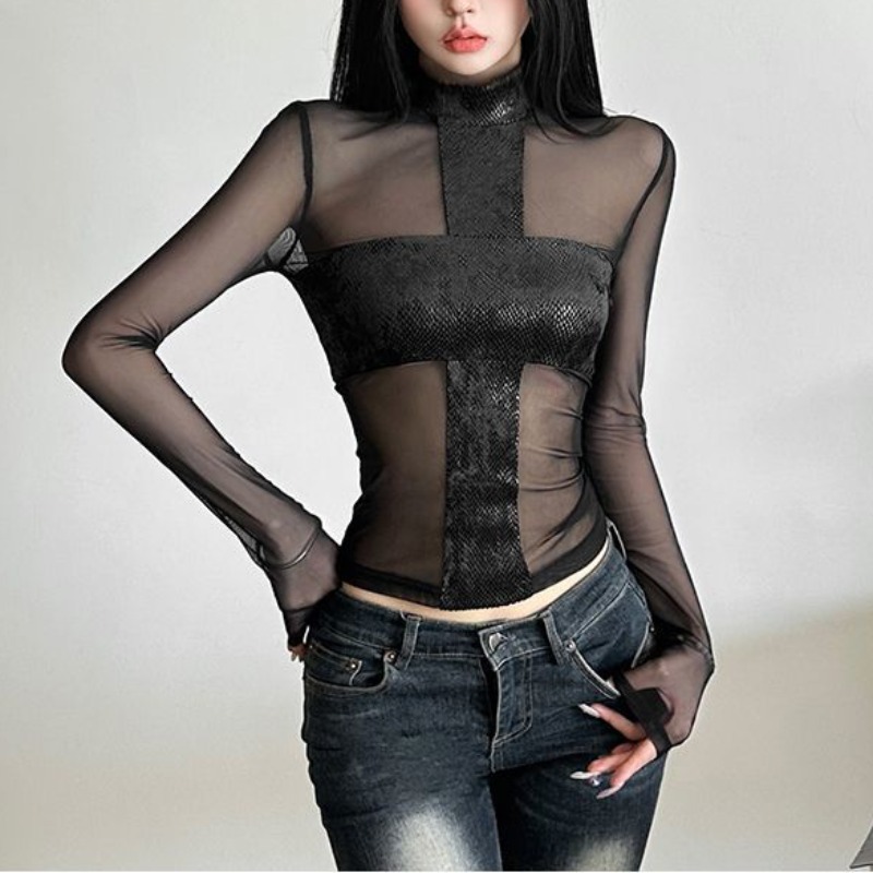 สไตล์อเมริกันตาข่ายแขนยาวเสื้อ - Street Fashion Mood บทวิจารณ์และราคา