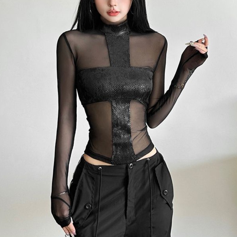 สไตล์อเมริกันตาข่ายแขนยาวเสื้อ - Street Fashion Mood บทวิจารณ์และราคา