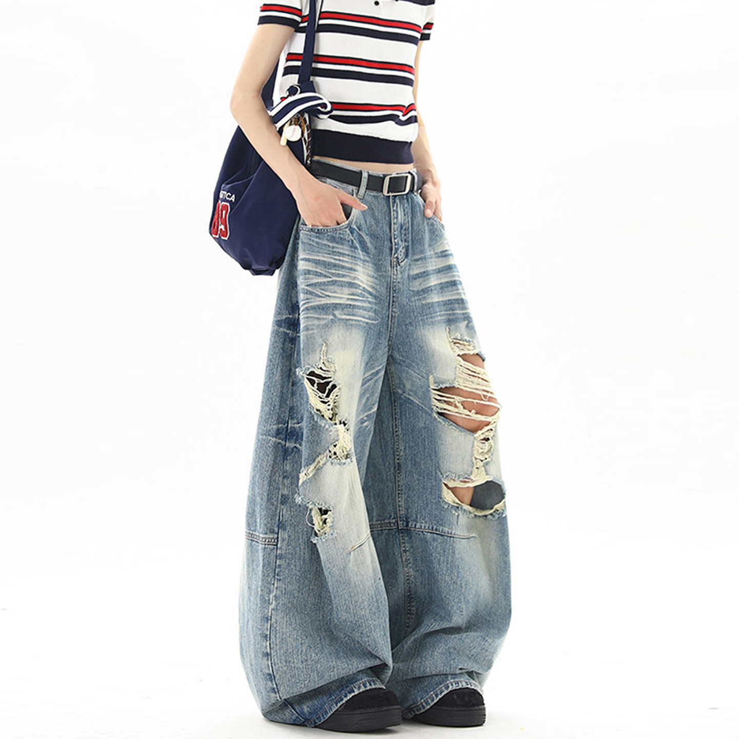 กางเกงยีนส์ขาดสไตล์อเมริกันสำห - Street Fashion Jeans บทวิจารณ์และราคา